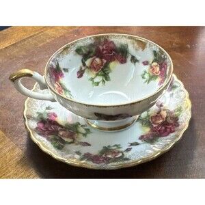 Royal Sealy China Teacup Saucer White Gold Bone China Teacup Saucer Floral